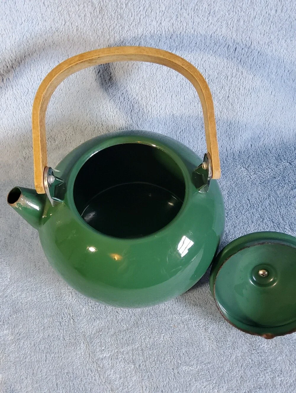 Vintage Enamelware Knob Teapot Kettle Teak Wood Handle Green Unbranded